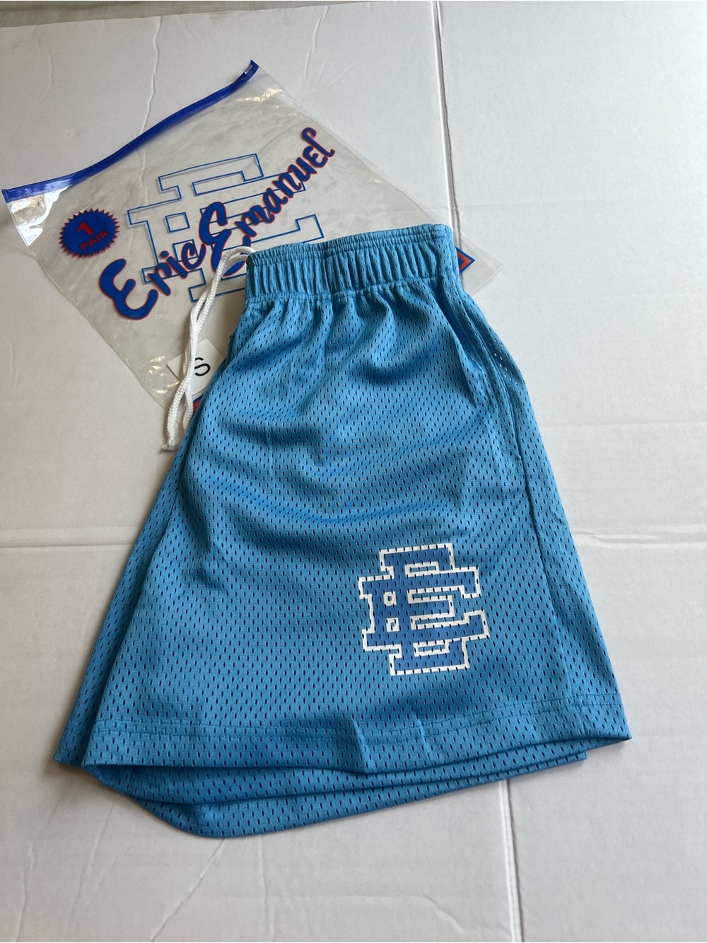 Eric Emanuel Sky Blue Mesh Shorts with White Drawstring